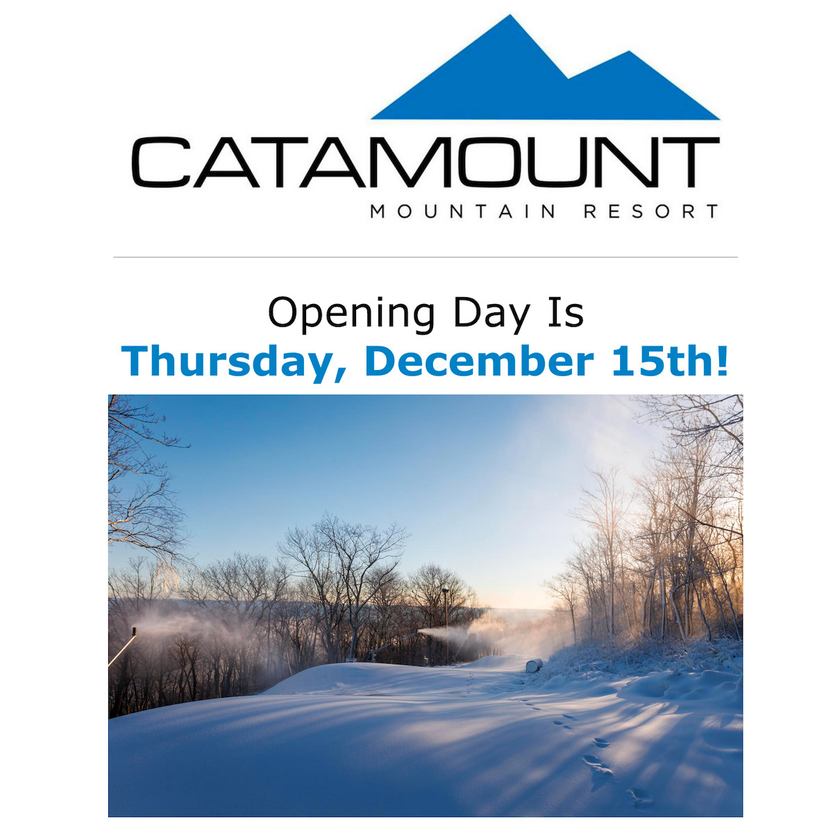 Catamount Logo, title and picture of snowmaking