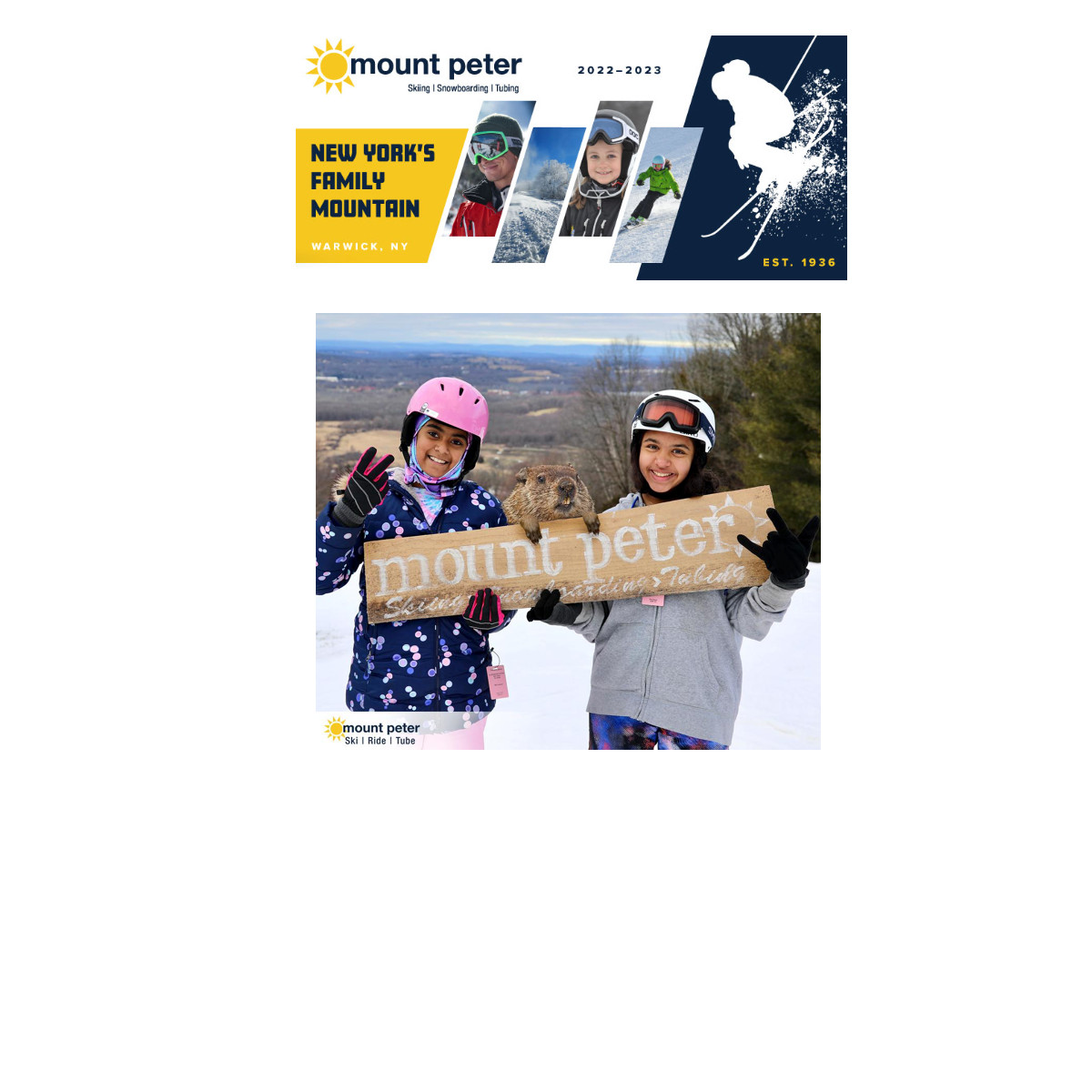 Mount Peter logo and kids with sign and Phil