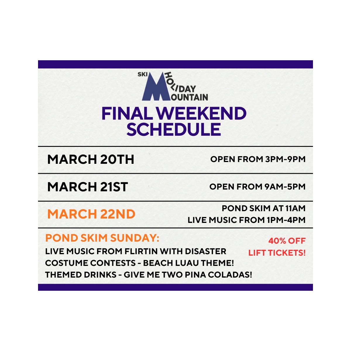 Holiday Mountain Schedule