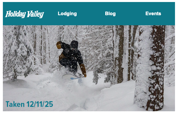 Holiday Valley header and snowboarder taken 12/11/25