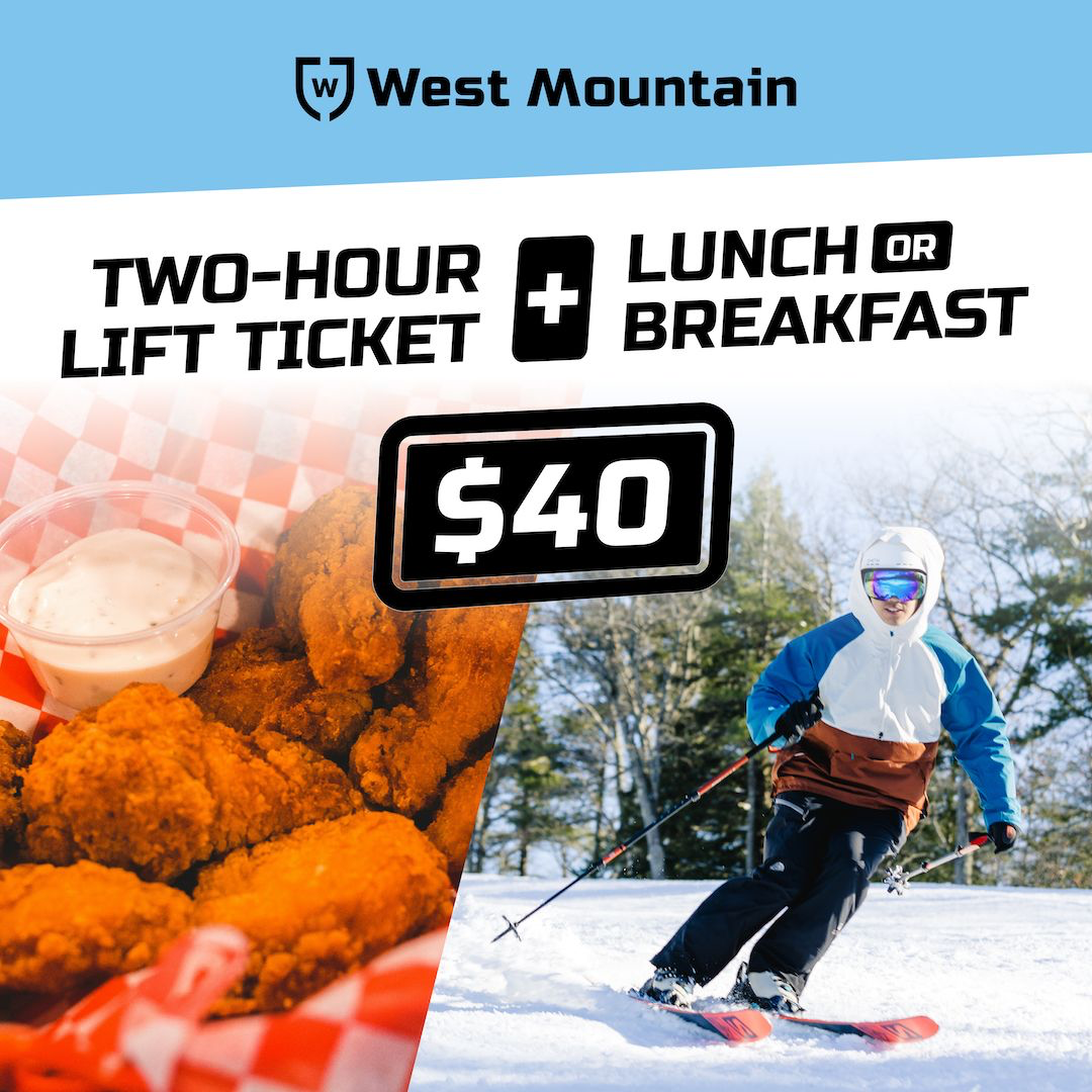 Two hour lift ticket + lunch or breakfast for $40 graphic