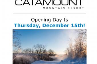 Catamount Logo, title and picture of snowmaking