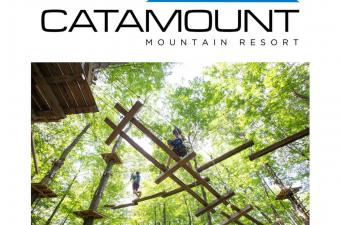 Catamount logo and people on ropes course